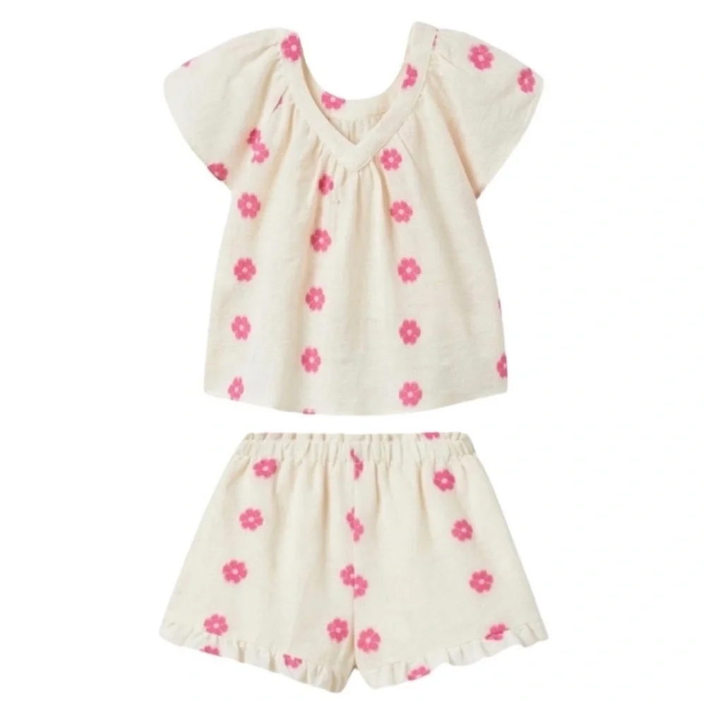 ZARA TODDLER GIRL FLORAL EMBROIDERED SHIRT & SHORTS